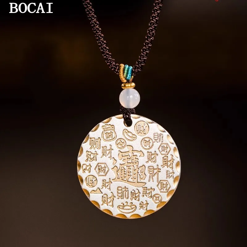 999 Pure Silver Chinese Style Gold Stroke Wealth Attraction Round Card Pendant Men's And Women's Gift