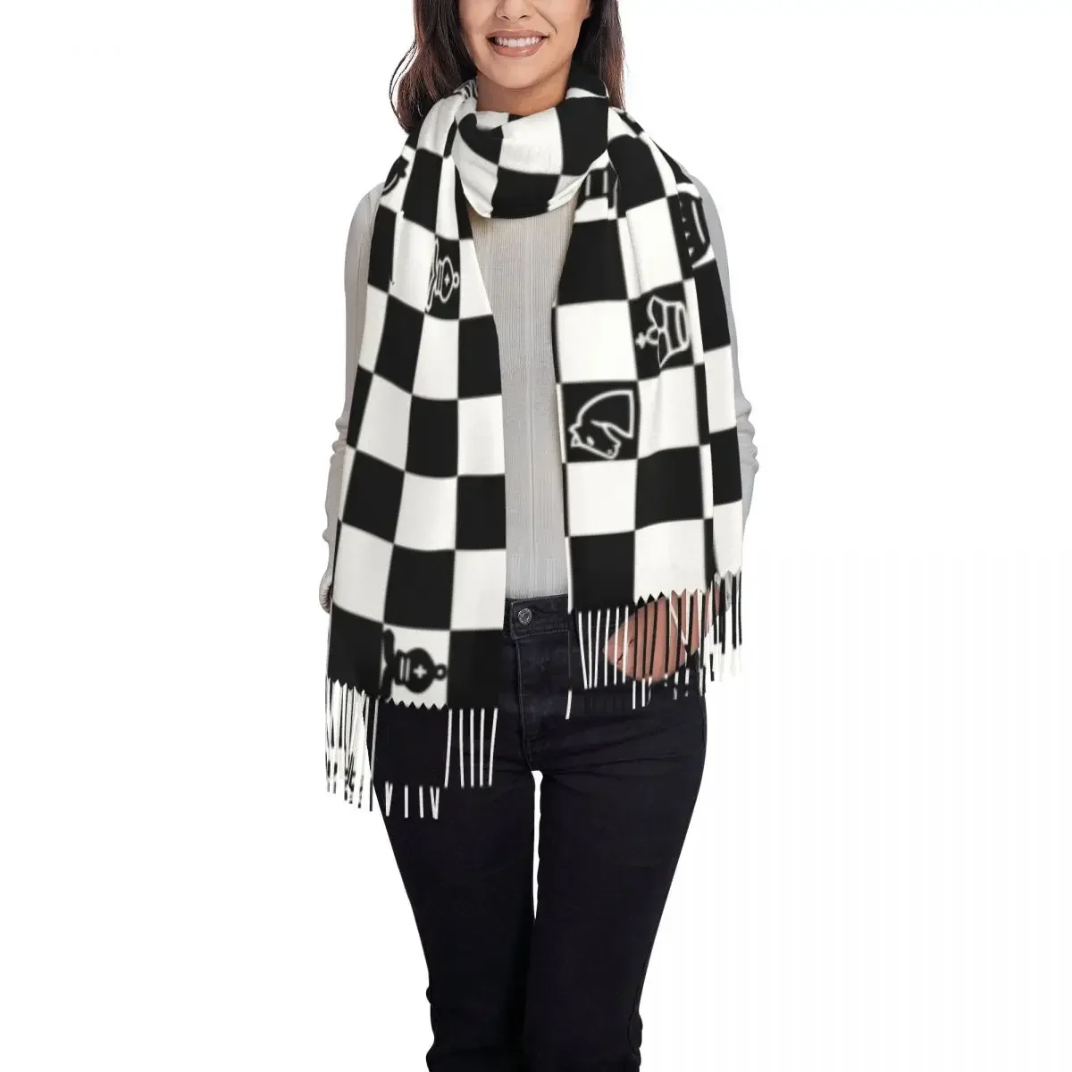 Ladies Long Chess Lover Scarves Women Winter Fall Thick Warm Tassel Shawl Wrap Chessboard Game Scarf