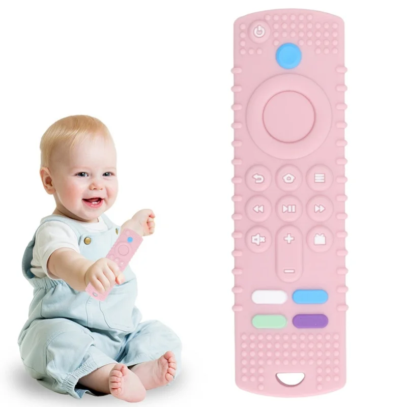 

Remote Control Baby Teether High Simulation Various Buttons Gum Massage Soft Silicone Teether Toy Pink