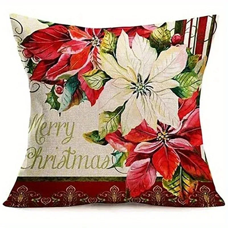 Christmas Poinsettia Pillow With Peace Motif Pattern Cushion Cover Suitable For Sofa Bedroom Car Pillow Cover