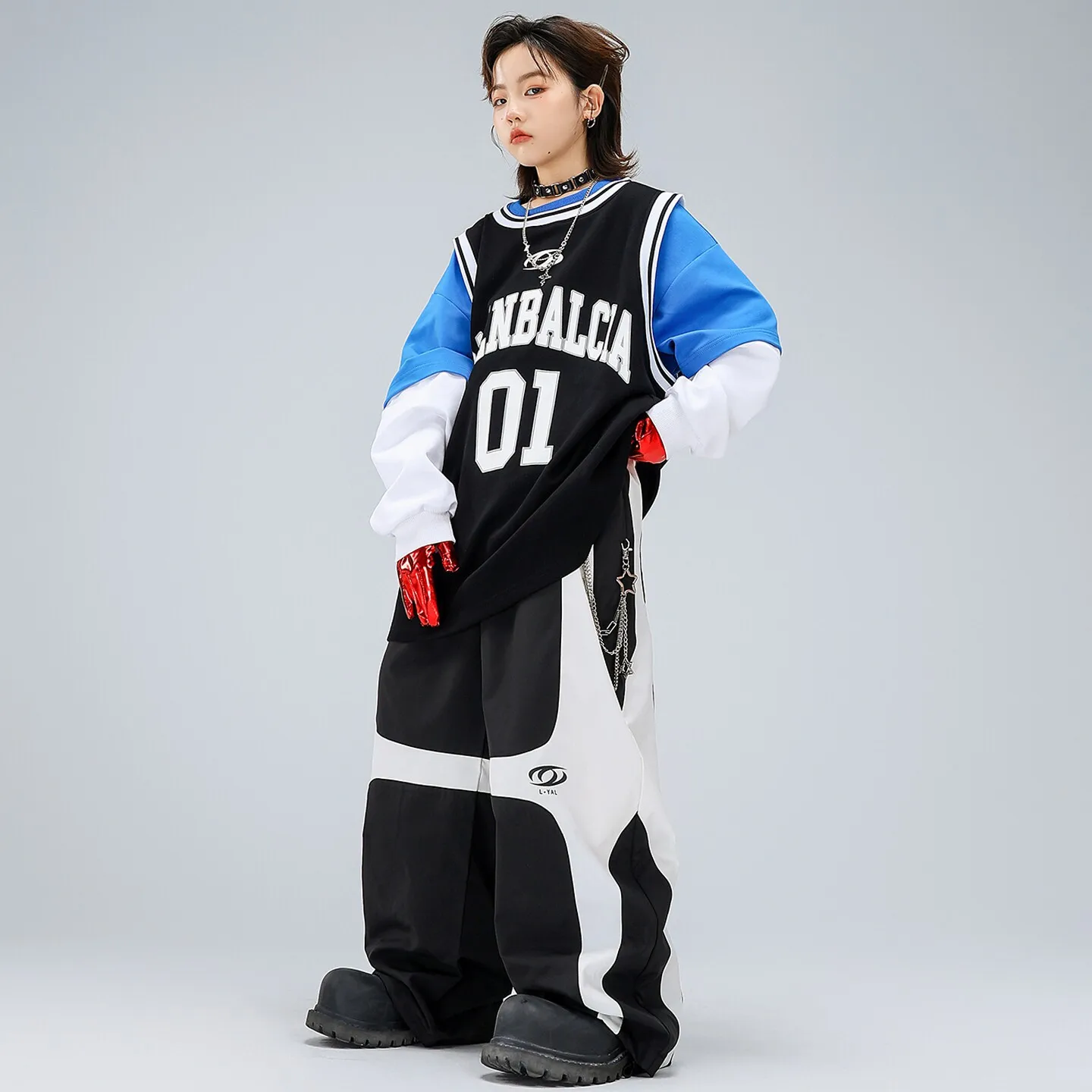 

Kid Kpop Hip Hop Clothing Black Blue Layered Jersey Sweatshirt Paneled Casual Pants for Girl Boy Street Dance Costumes Clothes