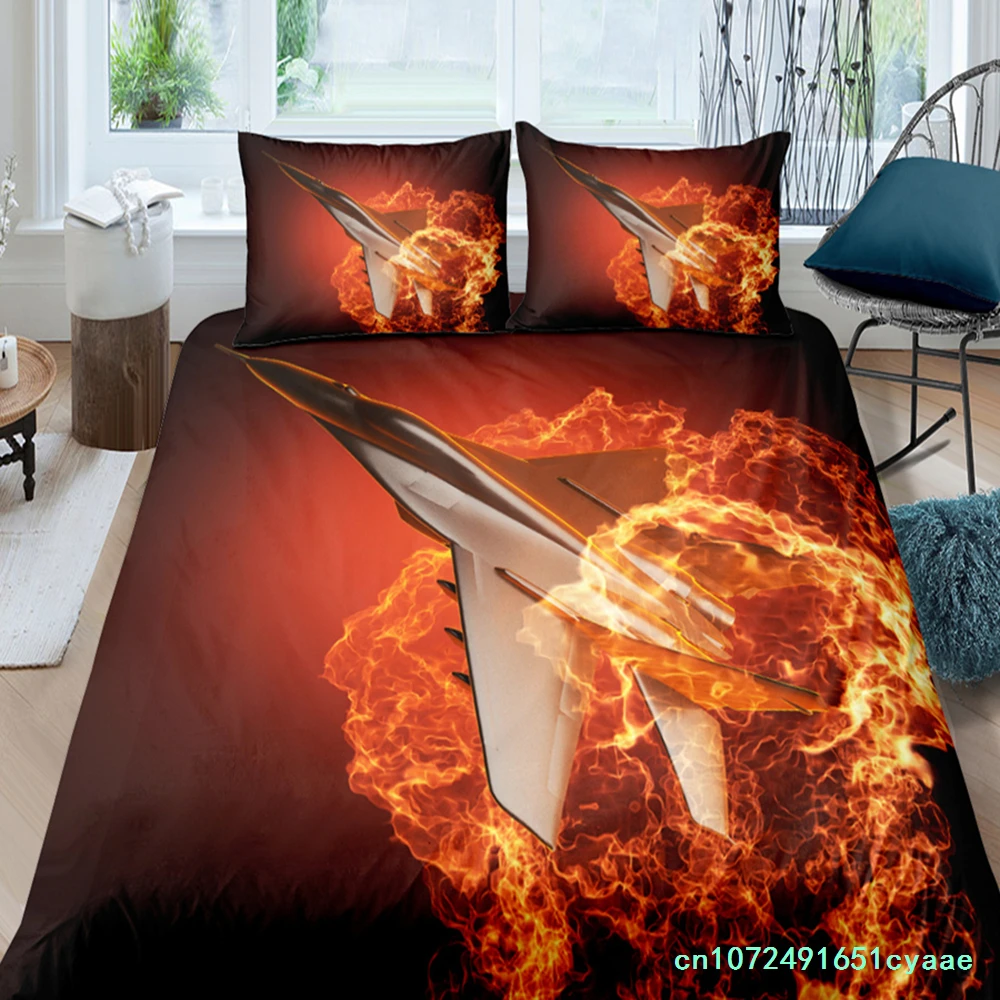Fighter Fire King Queen Full Duvet Cover Cool Airplane Bedding Set Military Fans Quilt Cover Red Black Polyester Comforter Cover