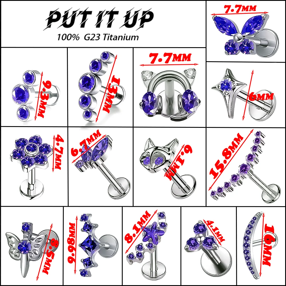 F136 Titanium Alloy Fashion Purple Zirconia Stud Earring Set with Cartilage Piercing Lip Stud and Ear Lobe Body Piercing Jewelry