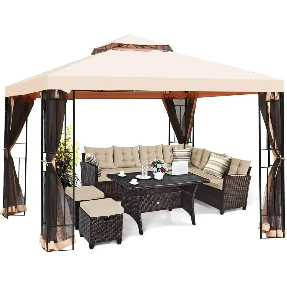 10x10 Outdoor Steel Gazebo with Netting, Double Vented Roof, 100 sq ft Shade Pavilion for Garden & Backyard