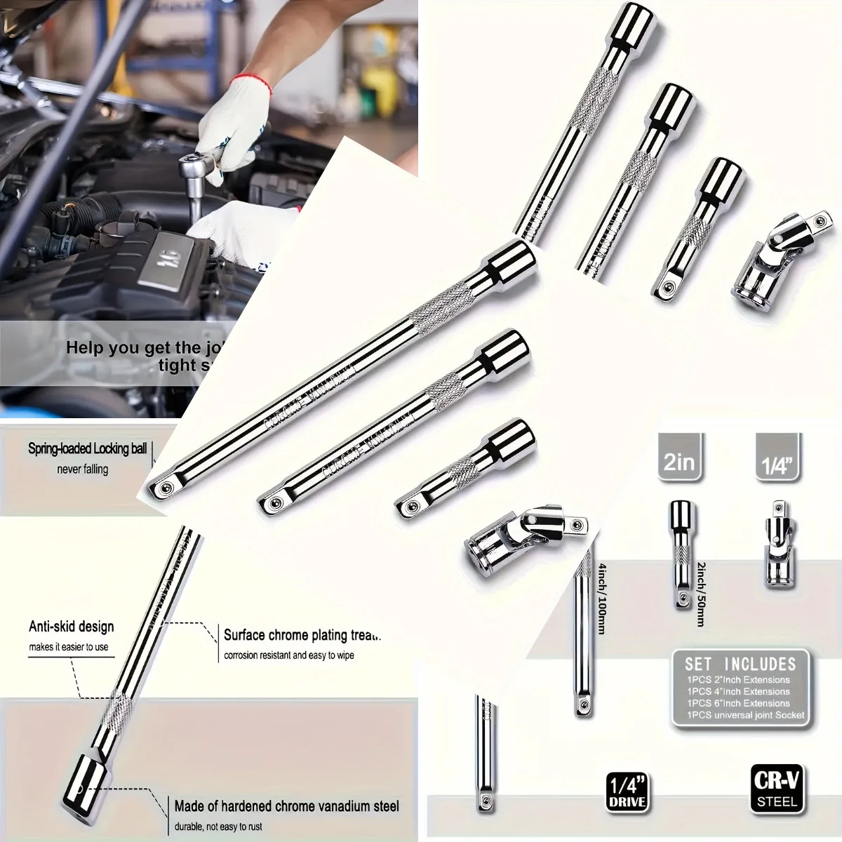 4pcs Alloy Steel Drive Socket Extension Set with Spring-Loaded Locking Ball, Anti-Skid Design& Surface Chrome Plating- Includes