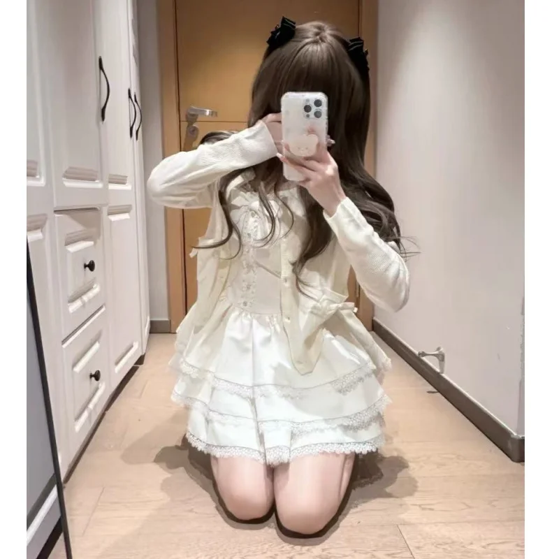 First Love Sweet Color Short Skirt Dress Set for Women, Cute Cake Puff Skirt, Little Skirt Sweet Girl Set for Women in Autumn an