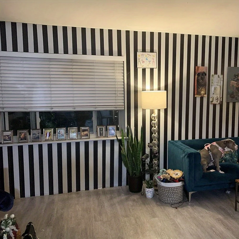 1 roll of black and white striped self-adhesive contact paper detachable living room kitchen, bedroom furniture renovation