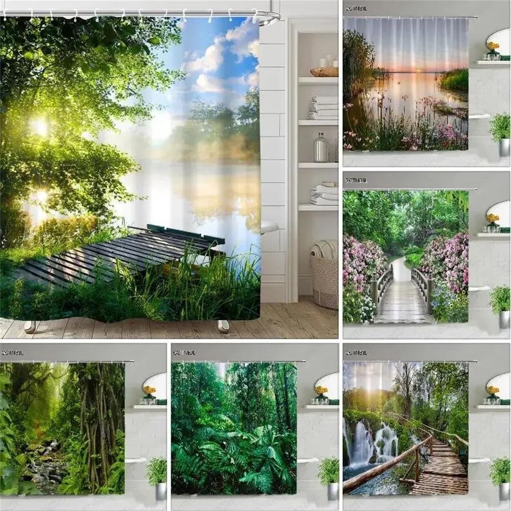 Spring Scenery Plant Flowers Wall Bathroom Shower Curtain Set Floral Natural Landscape Garden Wall Decoration Hanging Curtains