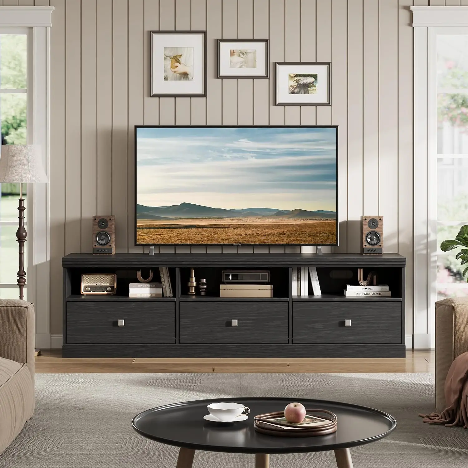 Mid-Century TV Stand For 65-75 In TV With 3 Drawers & Shelves Entertainment Center Media Cabinet For Living Room, Customized