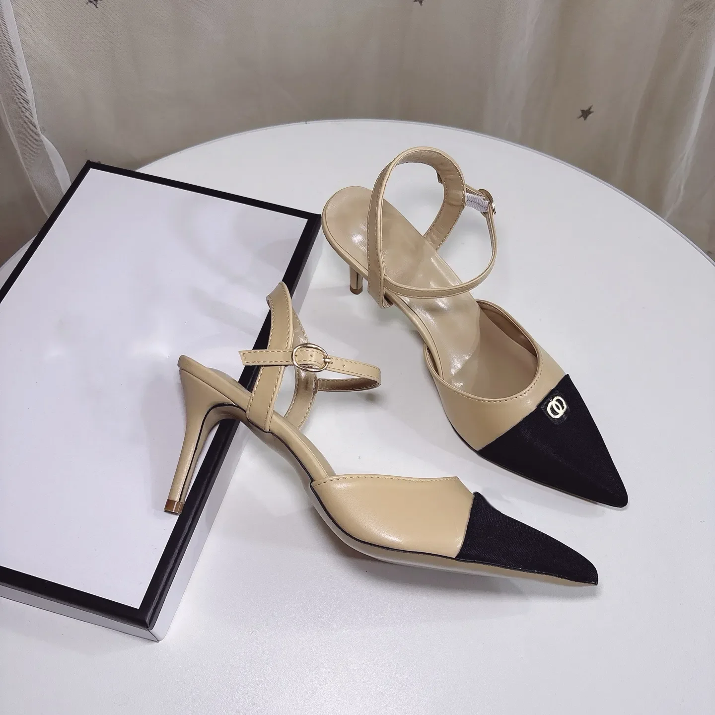 

Luxury Womens Slingback Heels Designer Pointed Toes High Heel Apricot Black White Dress Shoes Sandals Leather Lady Pumps EU 35-4