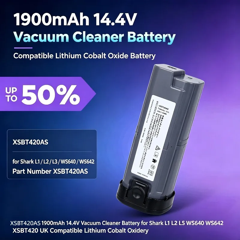 XSBT420AS 1900mAh 14.4V Vacuum Cleaner Battery for Shark L1 L2 L3 WS640 WS642 XSBT420 UK Compatible Lithium Cobalt Oxide Battery