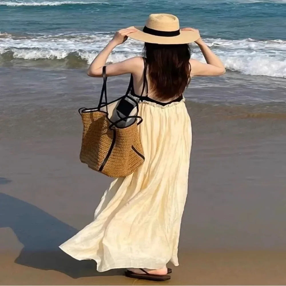 Vintage Straw Baskets Bag Straw Handmade Woven Beach Bag Korean Style Large Capacity Tote Bag Shopping & Daily Use