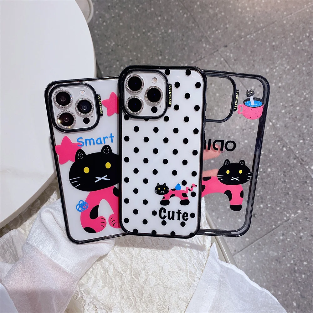 

Korean INS fashion polka dot cute kitten phone case for iPhone 12 13 14 15 16 Pro Max cover shock-proof kawaii protective cover
