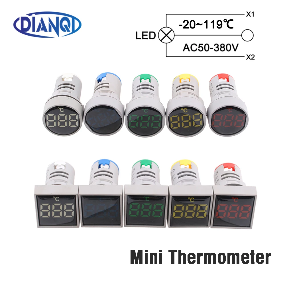 22mm Mini thermometer plastic LED digital -20-119 Celsius 50-380V AC Blue Red White Yellow Green pilot light temperature meter