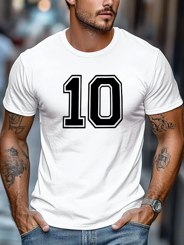 Men Khaki Crew Neck Tee Retro Varsity Number 10 Double Outline White Digit Graphic Soft Short Sleeve Sport Fan Loose Male Tops