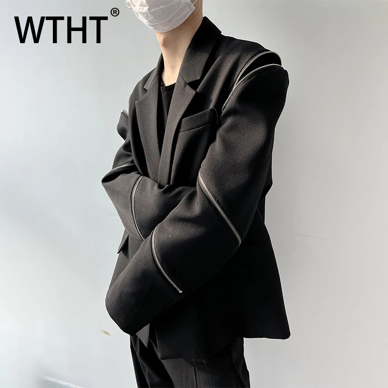 WTHT Fashion Men's Solid Color Spliced Zipper Design Blazer Coat Trendy 2025 Summer Casual Lapel Long Sleeves Jacket Male 2A0437