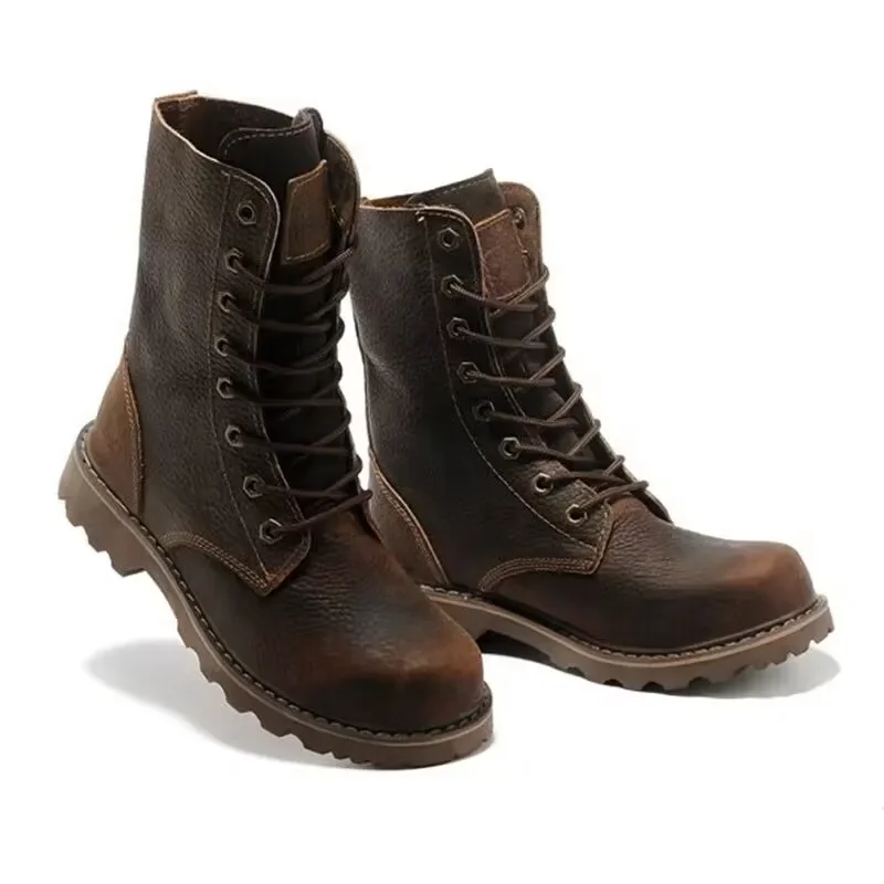 Men Military Boots Genuine Leather Metal Gothic Punk Boots Motorcycle Knight Boots Black Desert Combat Top Ankle Boots Male