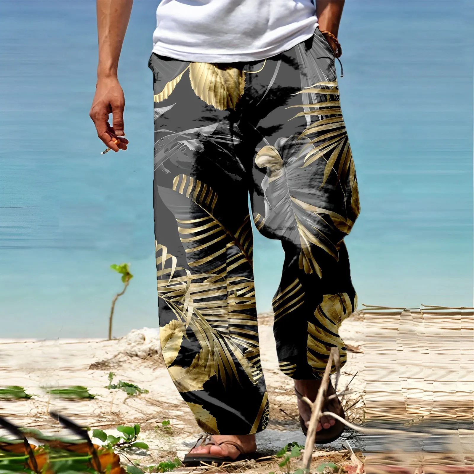 Men Summer Breathable Casual Pants Fashion All Print Tether Wide Leg Loose Trousers Vacation Beach Boho Yoga Hawaiianss Pants