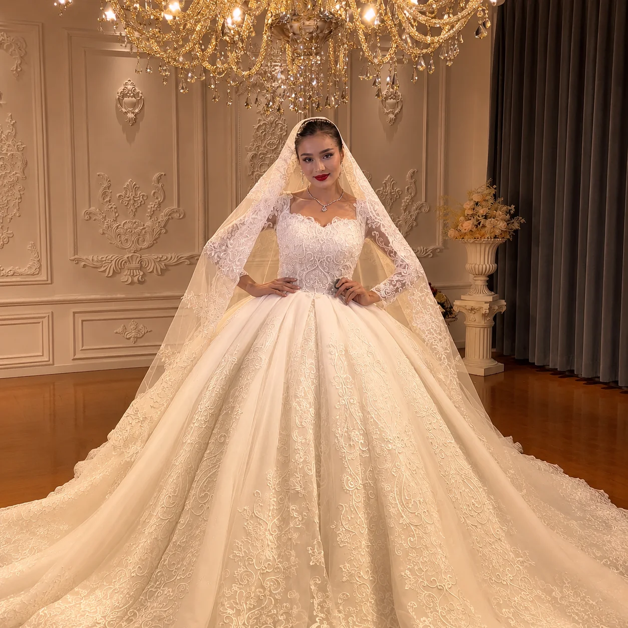 Customized Luxury 2027 Lace Wedding Dress Long Sleeves Bridal Dress Amanda Novias Officia