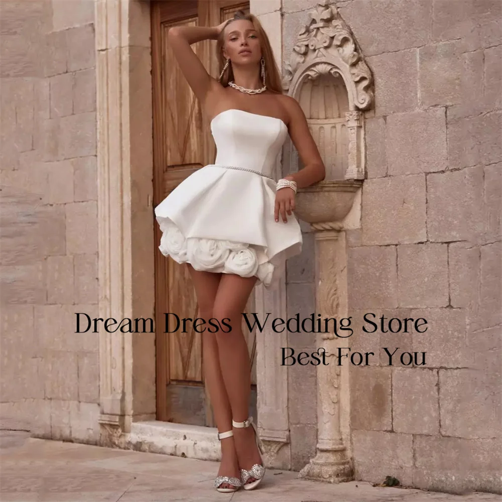 DREAM Strapless Flowers Short Wedding Dress A-Line Pleat Open Back Lace-up Above-Knee Bridal Gown Vestido De Noiva Customized