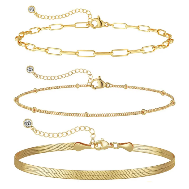 14K banhado a ouro inoxidável impermeável pulseira conjuntos para mulheres, corrente de cobra, cubano link, bracelete, pulseiras empilháveis para meninas, 3pcs