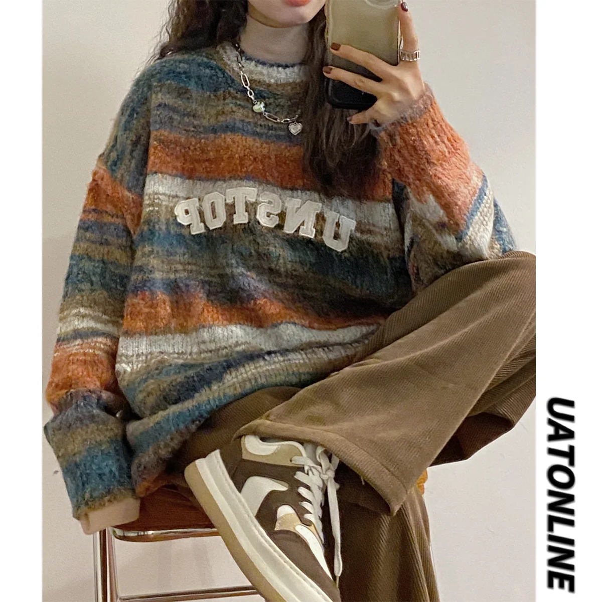 

UATONLINE американский ретро Thiened ленивый полосатый свитер женский зимний уличный круглый Ne Long Sve прямой трикотаж