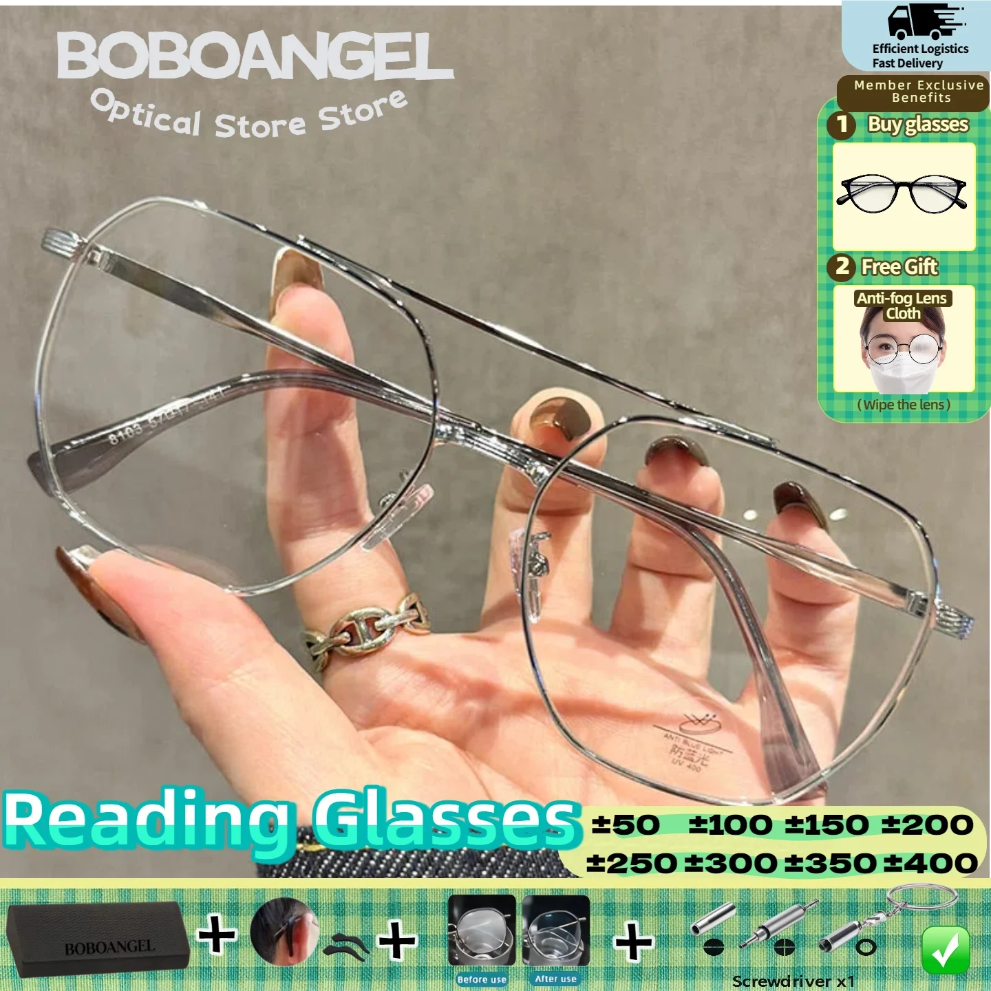 BOBOANGEL Women Men Fashion Pilot Oversize Frame Myopia Prescription Reading Glasses Anti Blue Ray Progressive Lenses Eyeware