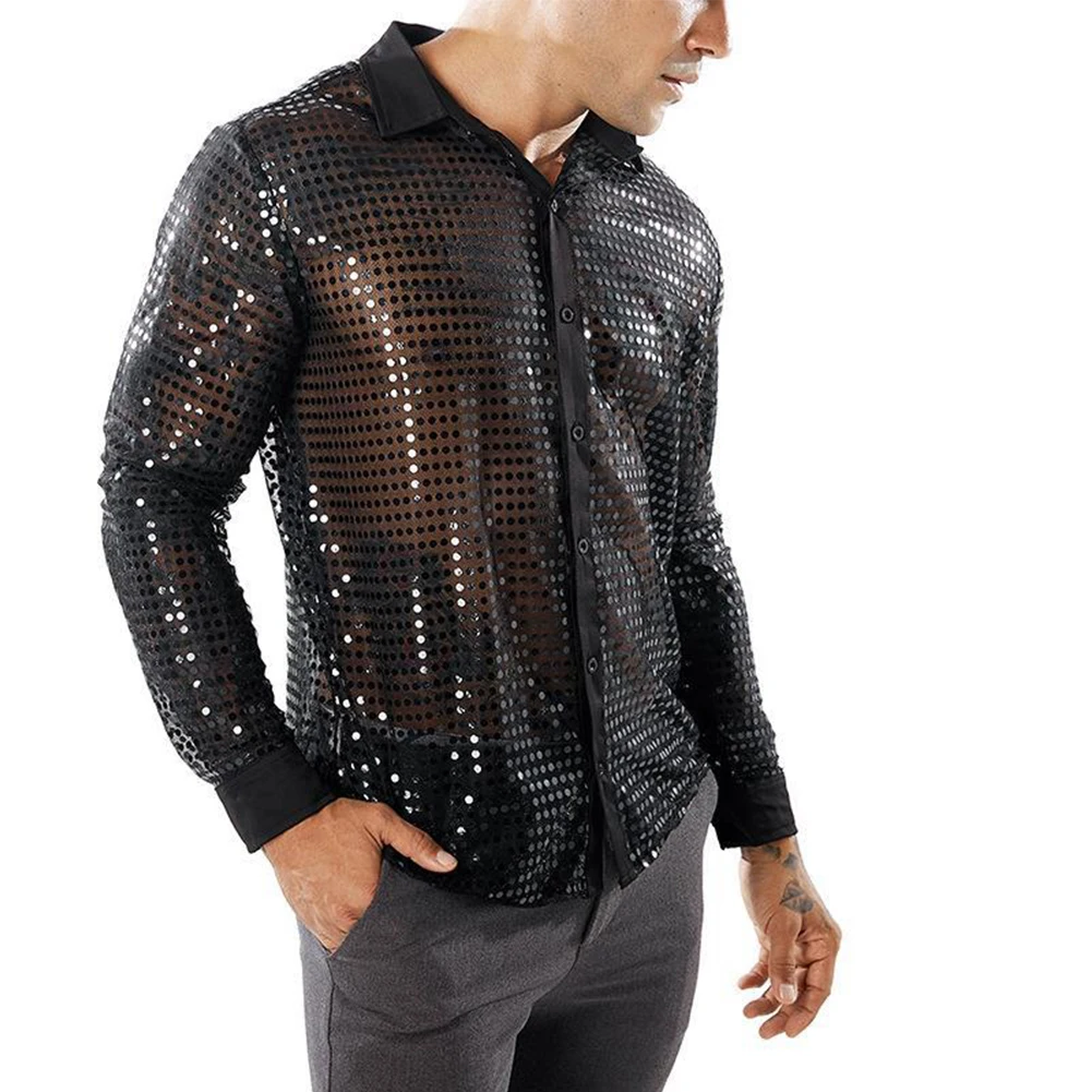 Men Sequined Shirt For Men Daily Male Shirts M-3XL Polyester + Mesh + Sequin Sparkly Spring High Quality Dance