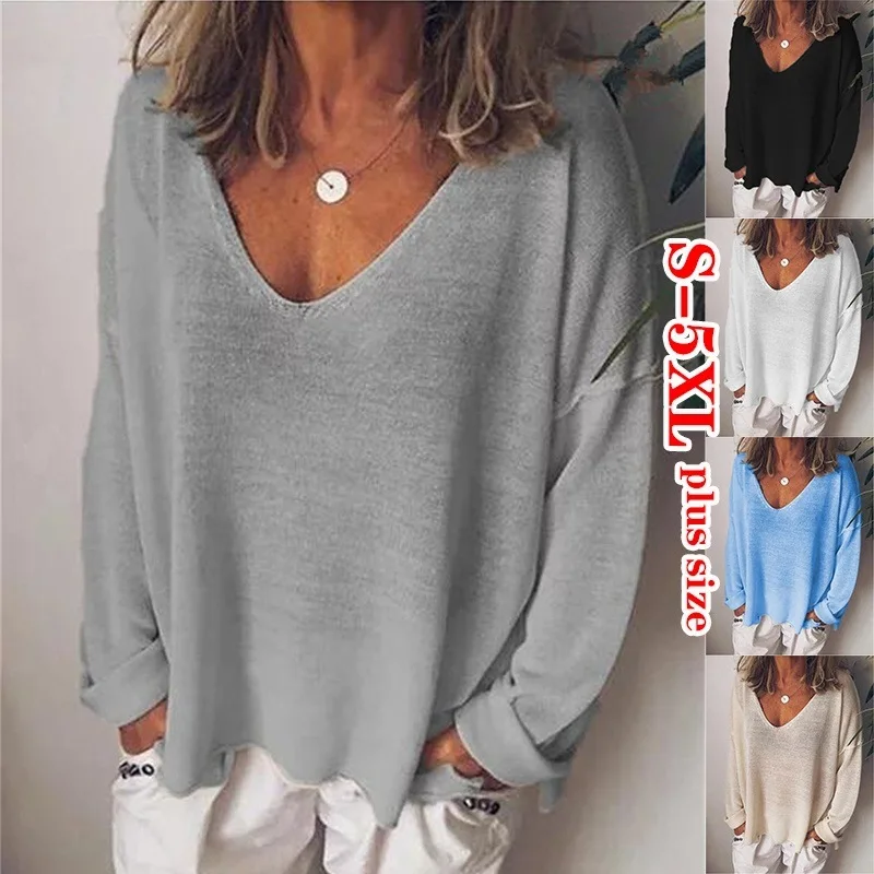 T Shirt Frauen Neue Mode 2024, Verkauf Casual V-ausschnitt Baumwolle Mischung Einfarbig Langarm t-shirt Frauen T-shirt HBL0586