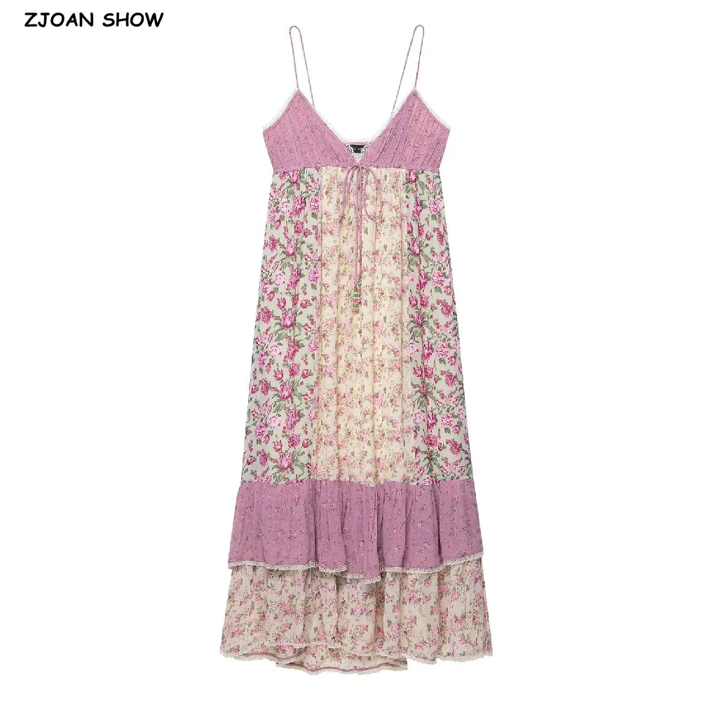 2025 BOHO Women Patchwork Pink Floral Print Chiffon Sling Dress Tassel Bow V neck Ruffles Hem Loose Long Dresses Holiday Robe