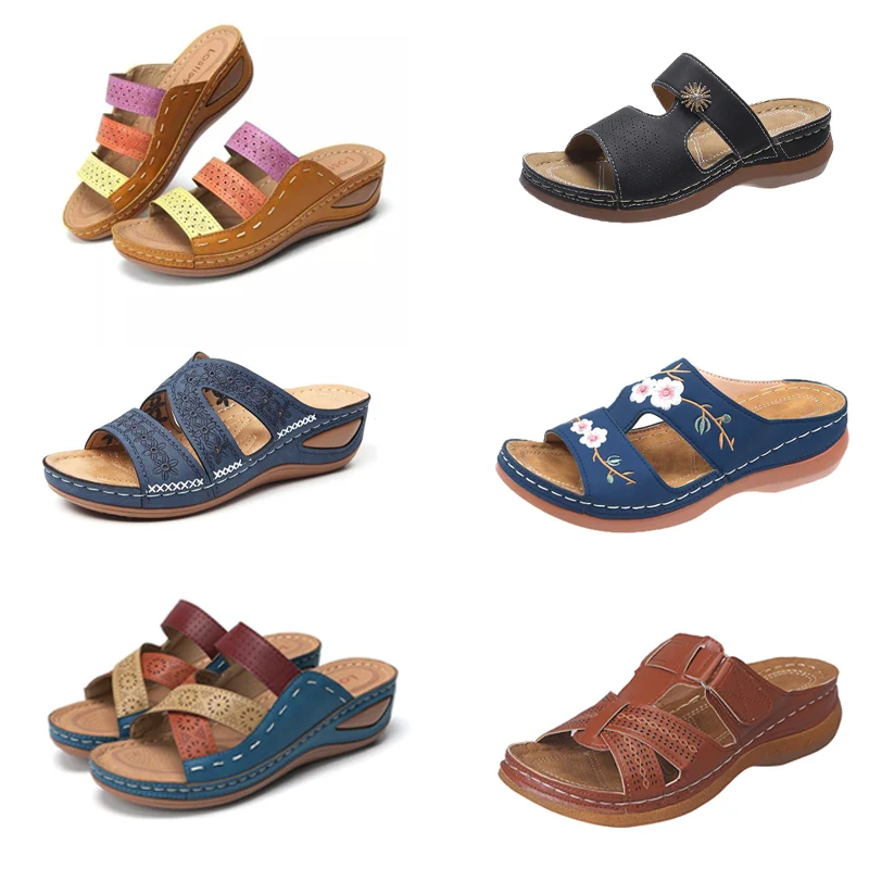 Sandales compensées d'été pour femmes, orthopédiques de qualité supérieure, à bout ouvert, en cuir, antidérapantes, décontractées, style rétro, à plateforme