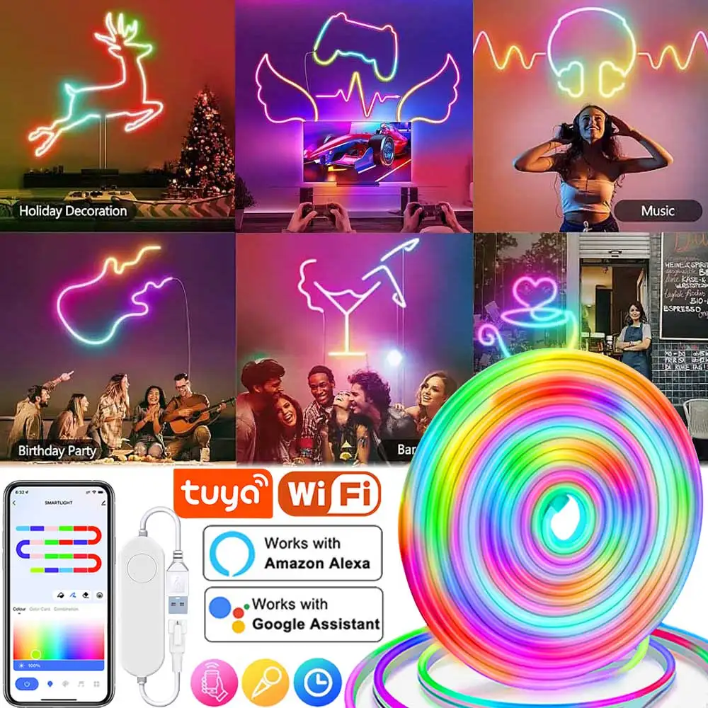 TUYA WiFi Neon RGBIC Strip Light Smart LED Lights Ribbon Lighting USB 5V Lamp Smart APP Dream Color Waterproof Neon Decor Strips