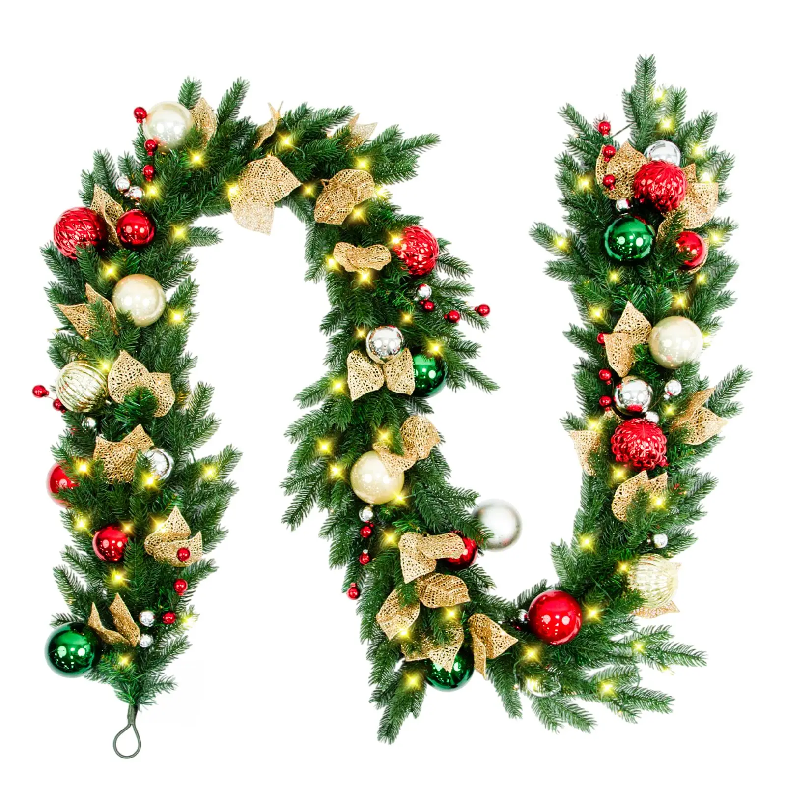 9 FT Pre-Lit Christmas Garland with 80 Warm White LEDs and Timer, Battery Operated Artificial Garland with Christmas