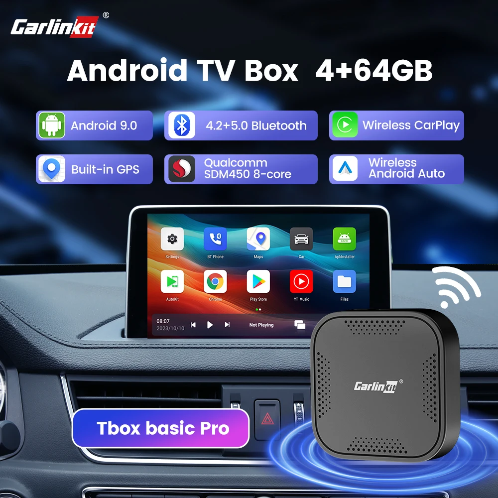 Carlinkit 프로 안드로이드 자동 무선 어댑터, Ai 박스, 자동차 라디오 지지대, 스포티파이, 넷플릭스, 유튜브, 구글 플레이, 8 코어, 64GB 