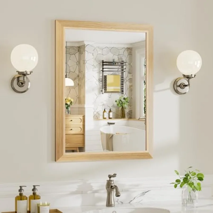 

24x32 Inch Bathroom Mirror for Wall Anti-Rust Wood Grain Metal Framed Bathroom Mirrors for Over Sink Rectangler Mirrors for Bat