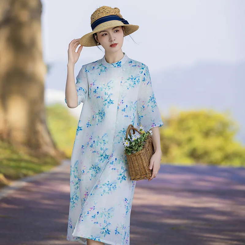 

Cotton and linen women's ramie dress spring and summer stand-up collar Chinese style retro improved cheongsam fashion casual ver