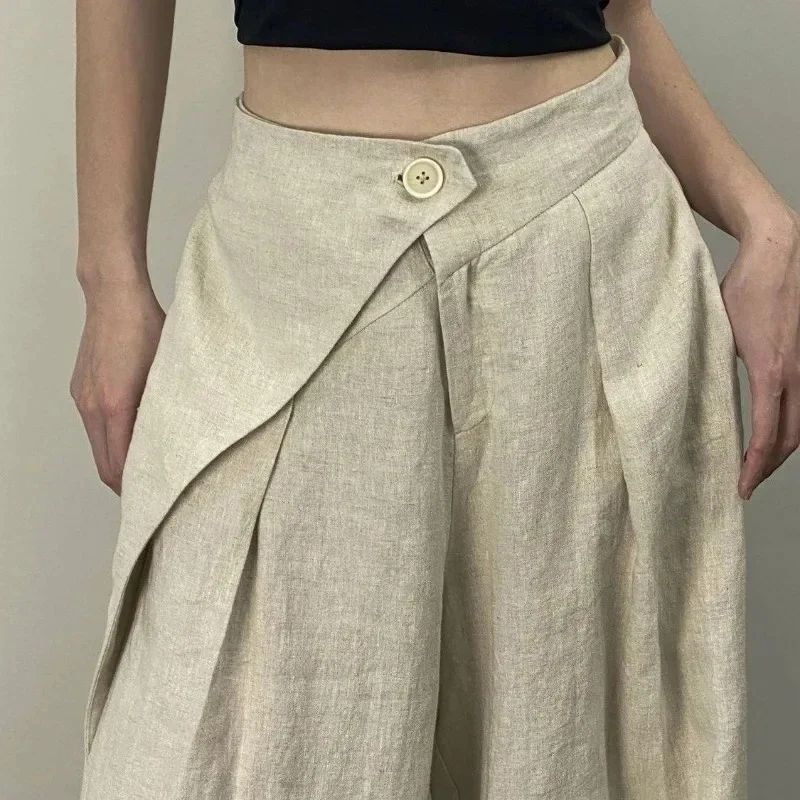 

Elegant Cotton Linen Wide Leg Pants Women Fashion Pleated Baggy Pants Summer Korean Casual Design Loose Straight Trousers New