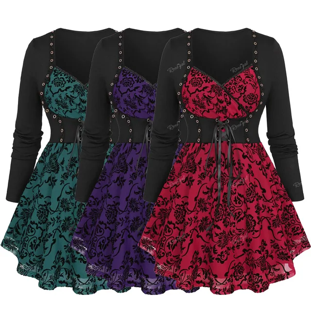 Damskie bluzki plus size z kwiatowym wzorem, siateczką, aplikacjami z efektem flokowania, sznurowaniem, metalowymi kółkami, 2 w 1, z długim rękawem, typu gorset, t-shirty, codzienne bluzki patchworkowe, rozmiar 5XL