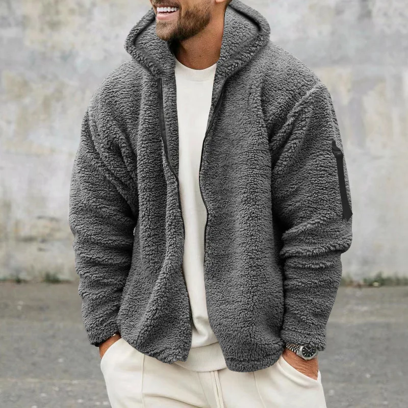 2024 Men\'s Autumn and Winter Double-Sided Fleece Warm Jacket Amazon Loose Hooded Casual Jacket