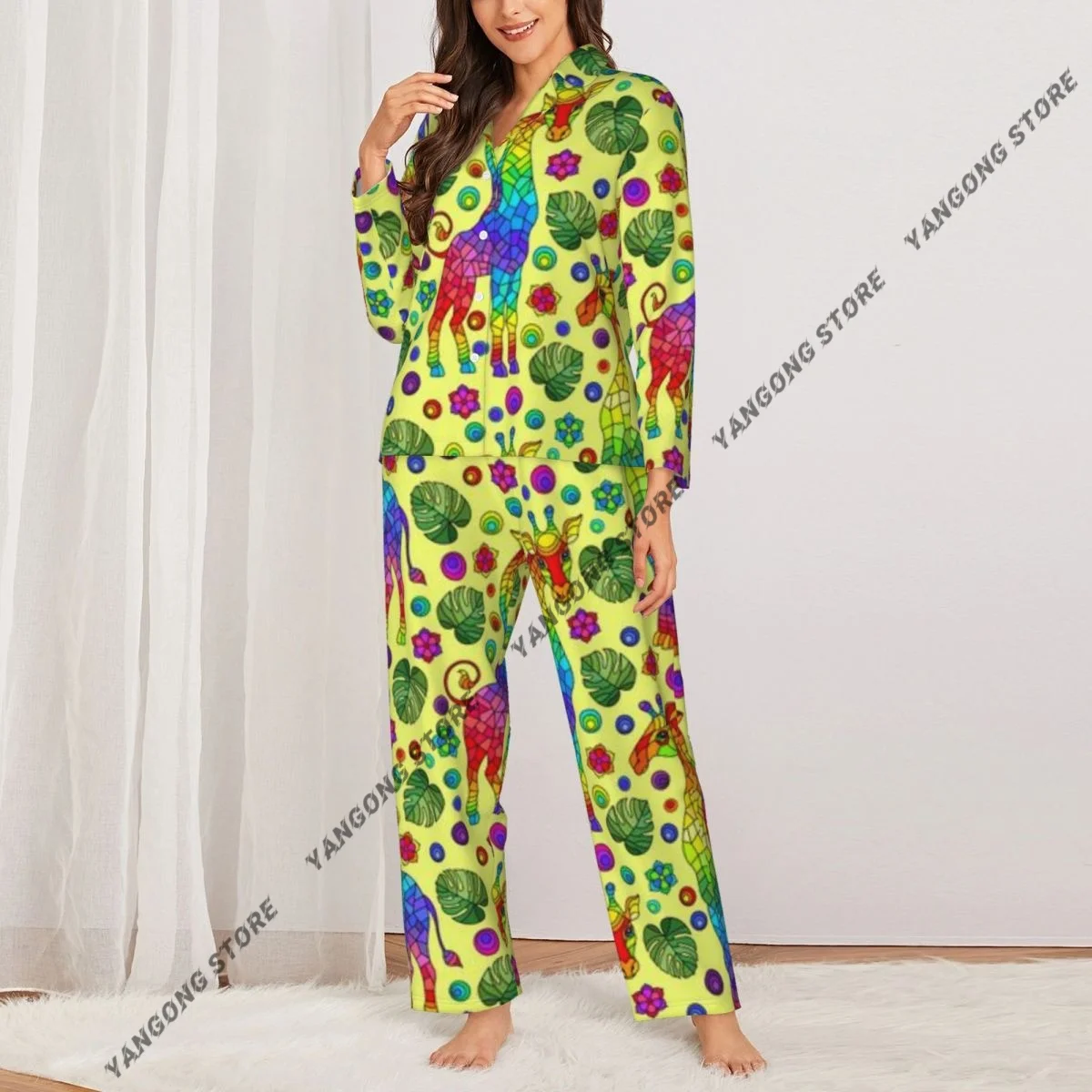 Spring and Autumn Pajama Set Women's Long Sleeve Pants Two Piece Giraffs Rainbow Animals Flowers And Leaves Home Furnishing Set
