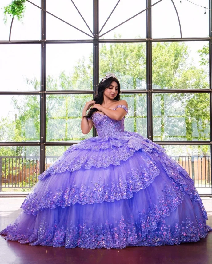 ชุดงานพรอมแบบไร้สายสีม่วงชุดเดรส15 16 quinceanera ประดับลูกปัด appliques vestidos de 15 quinceañera