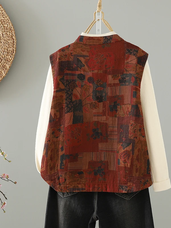 Retro Chinese Print Vest Jacket Women's Fashionable Small Size National Style Stand Collar Button Shoulder Trendy