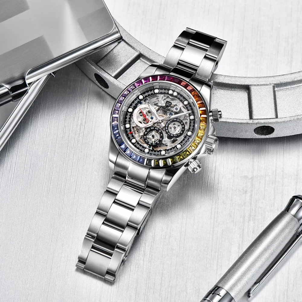 New PAGANI 1653 DESIGN Fashion Rainbow Bezel Men Mechanical Wristwatch Luxury Sapphire Glass Hollow Out Automatic Watch for Men view 3