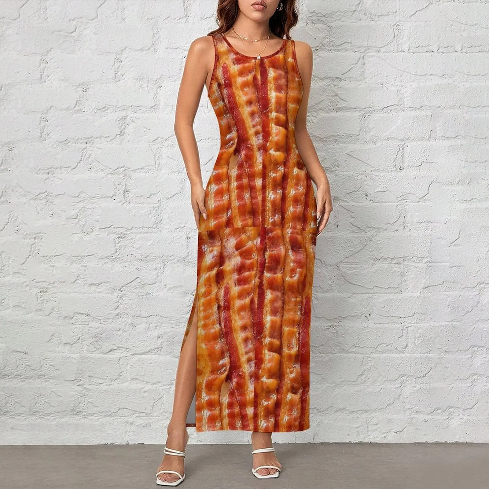 Womens Bodycon Dress Club Sexy Crispy Bacon Strip Print Maxi Dresses Spring  Sleeveless Street Wear Pattern Dress Large Size 4XL