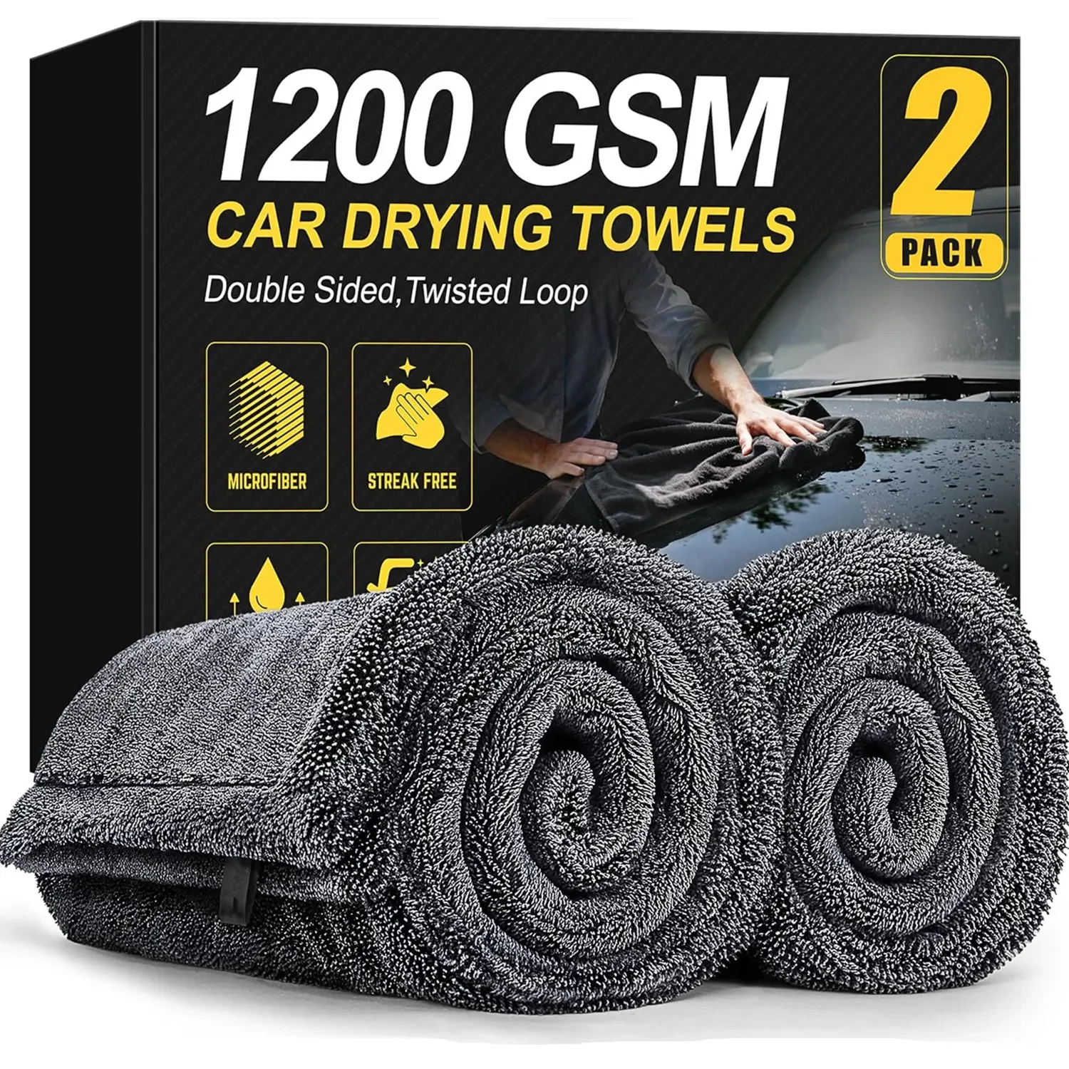 2 Pack 1200 GSM 60 x 90cm Car Drying Towels Microfiber Towels for Cars Ultra-Absorben Streak-Free Scratch-Free Double Twist Pile