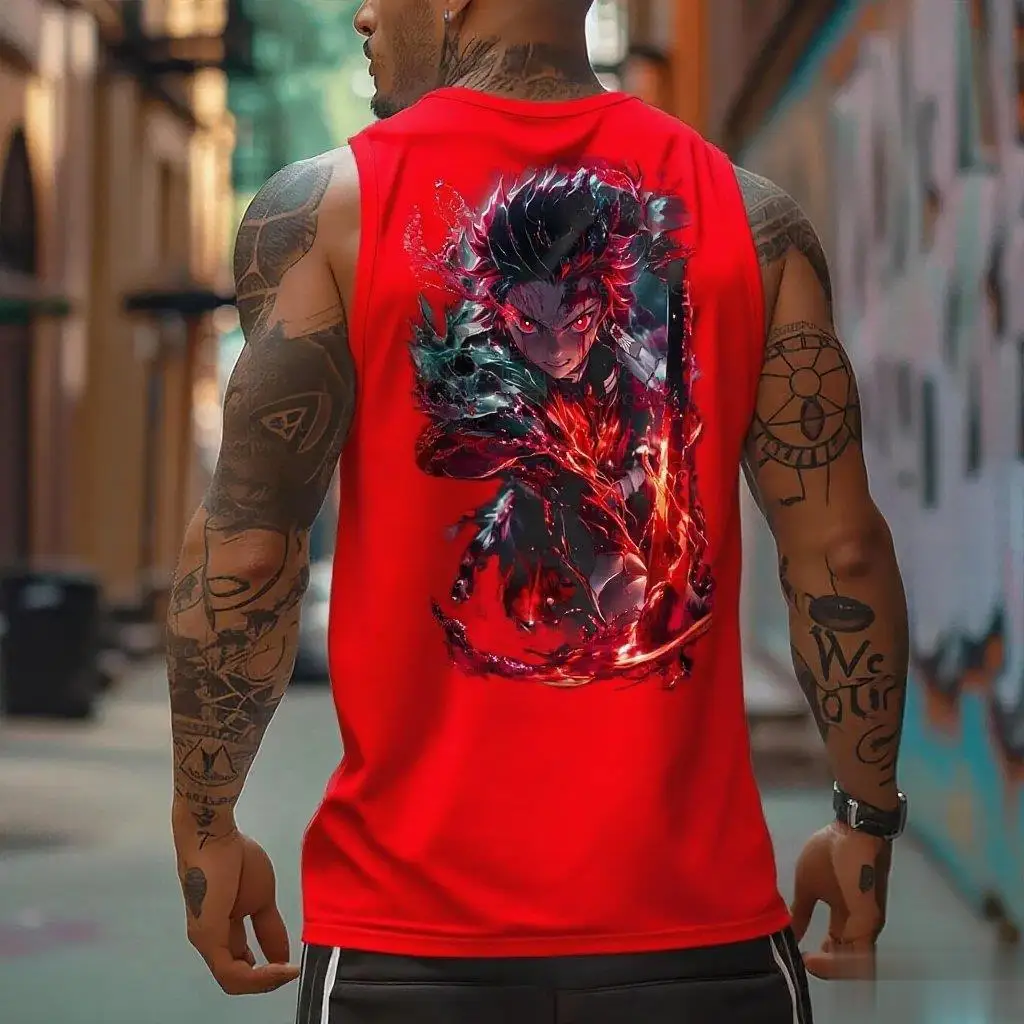 الصيف العصرية سترة رياضية المتضخم عادية شيطان القاتل الرجال أكمام تانك القمم الشارع الشهير أنيمي طباعة الجرافيك العضلات التي شيرت جديد