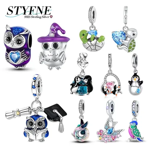 絶妙な 925 スターリングシルバーフクロウペンギンカメオウムかわいい動物クリエイティブチャームビーズフィットオリジナルブレスレット DIY ジュエリー