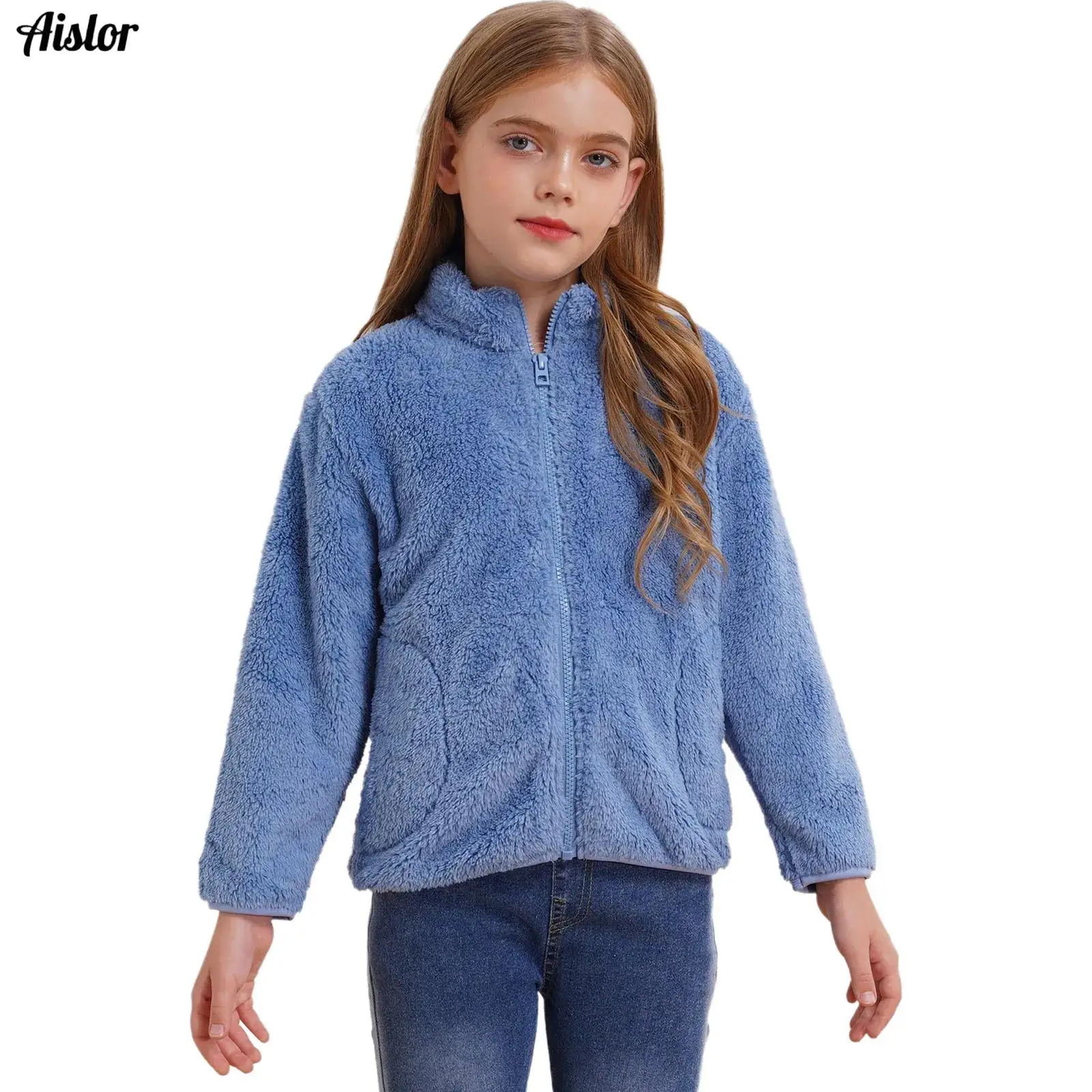 

New Winter Kids Girls Soft Plush Coat Warm Thick Long Sleeve Stand Collar Zipper Jacket Outerwear with Pockets Casual Clothing