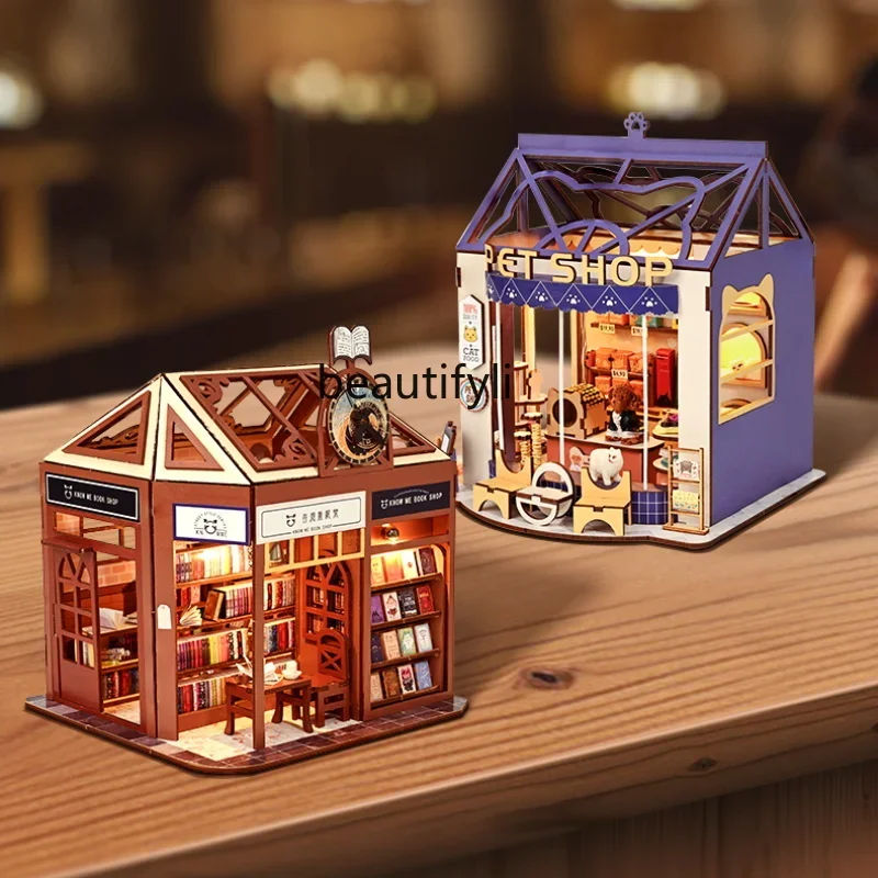 Handmade small house retro style wooden assembly model birthday gift