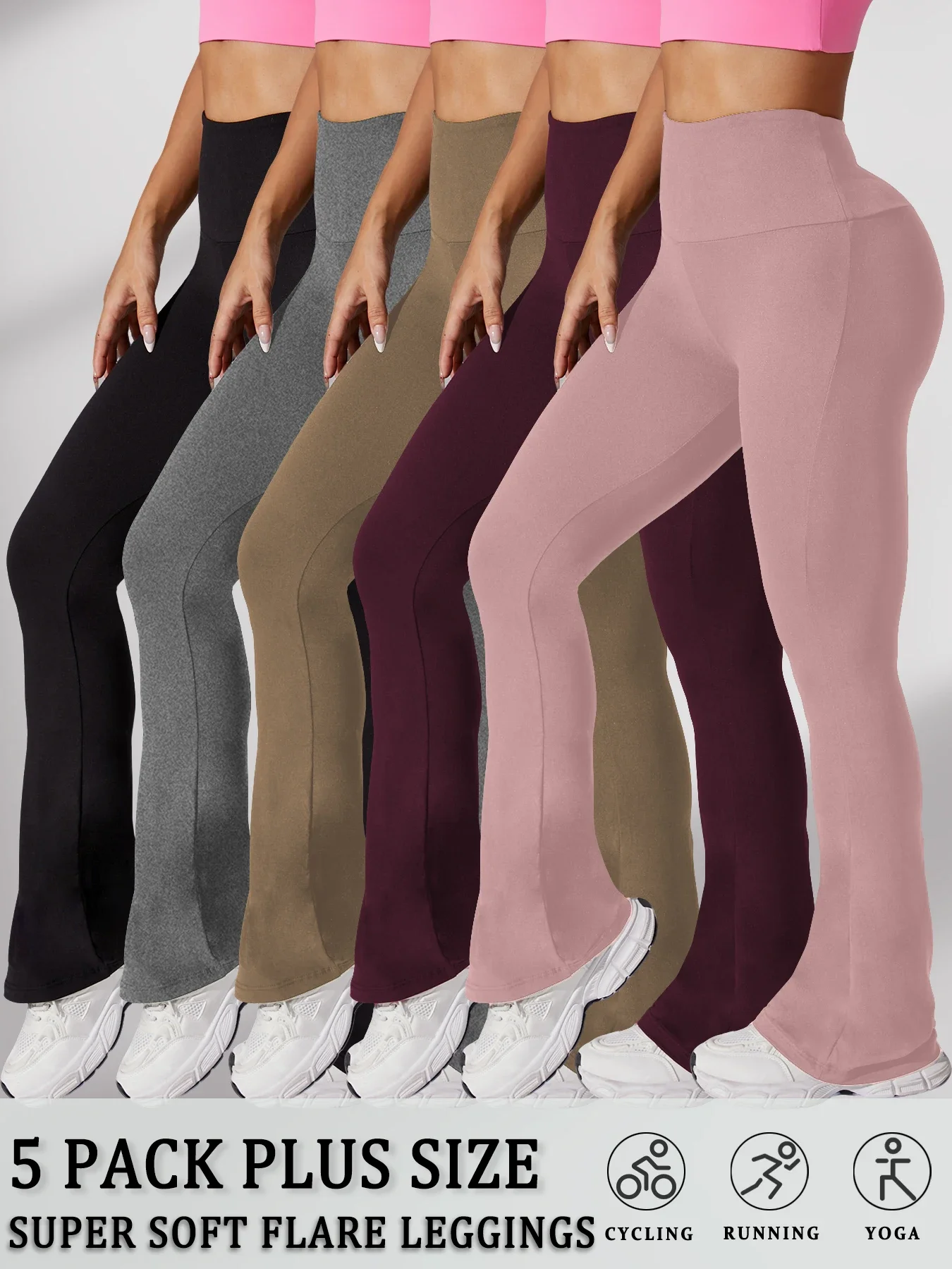 5 Pack Plus Size Women's Super Soft High Waisted Flare Pants Leggings Tummy Control Soft Bootleg Bell Bottoms Running